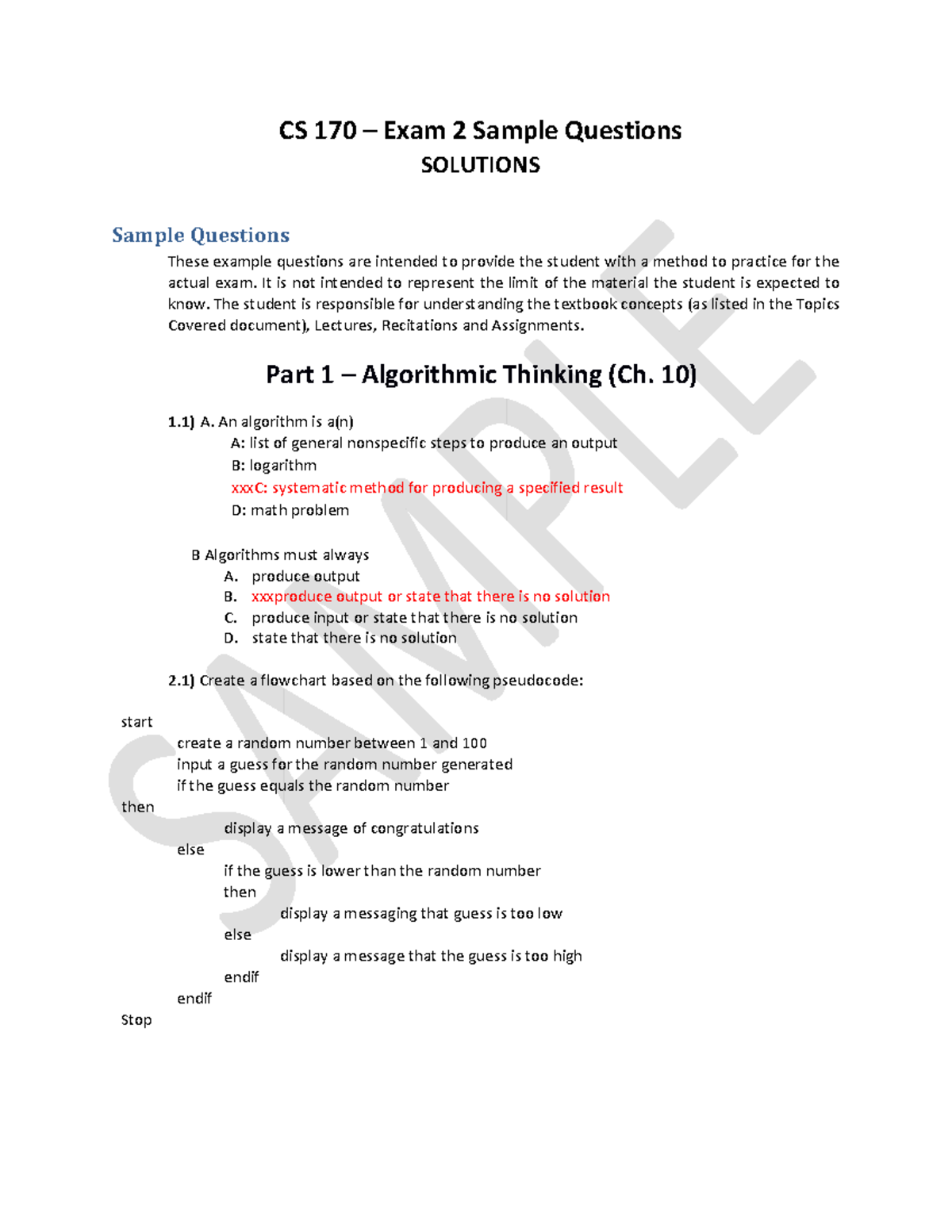 CS 170 – Exam 2 Sample Questions Solutions - Studocu