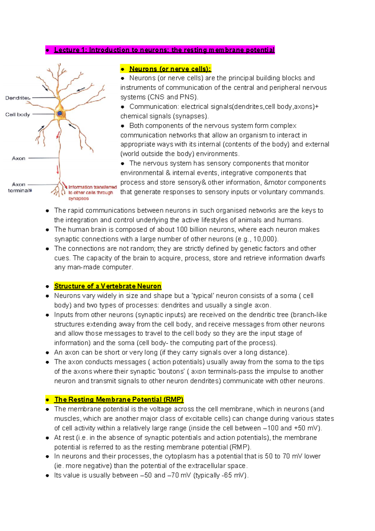 Biosci 107 ET Lecture 1 & 2: Neurons and Action Potentials Overview ...