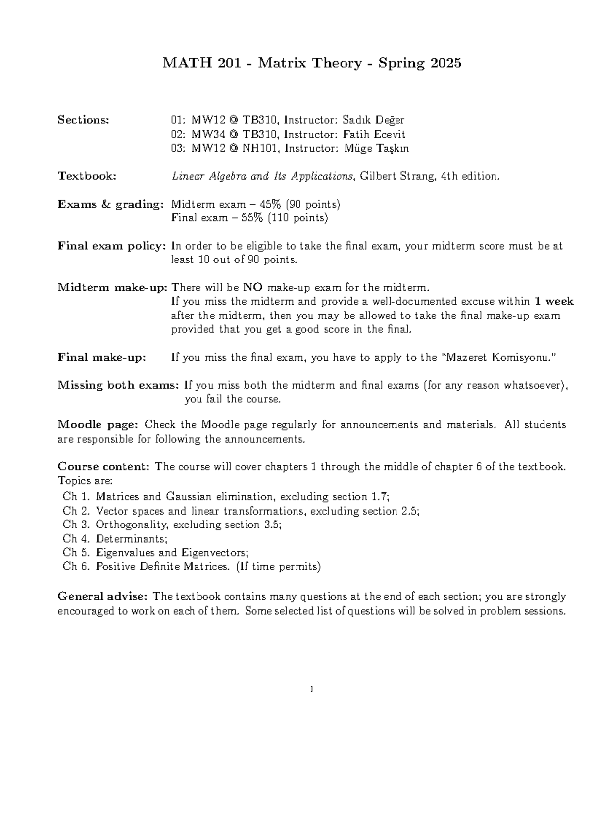 MATH 201 Syllabus - Matrix Theory - Spring 2025 Exam Info & Content ...