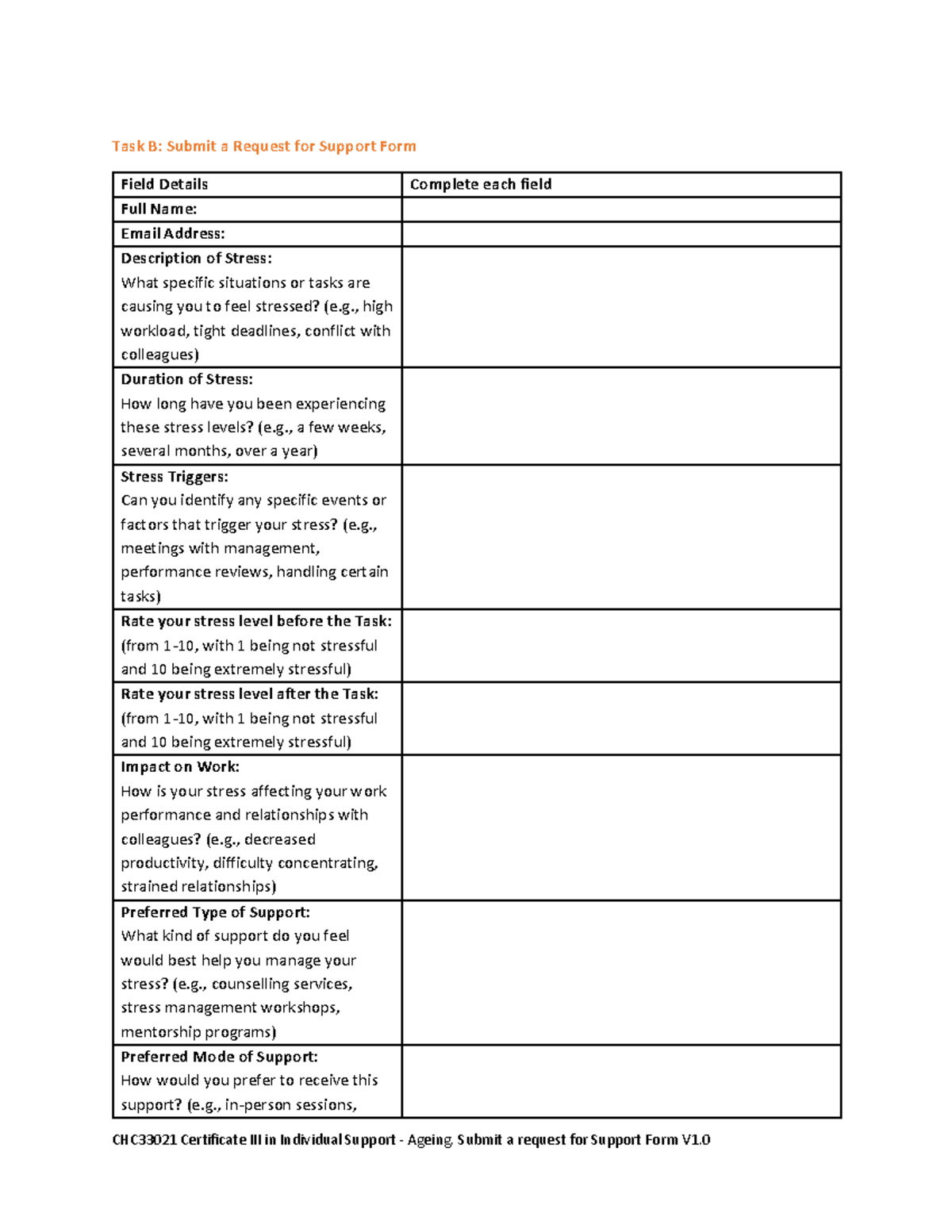 CHC33021 Task B: Request for Support Form Update Details - Studocu