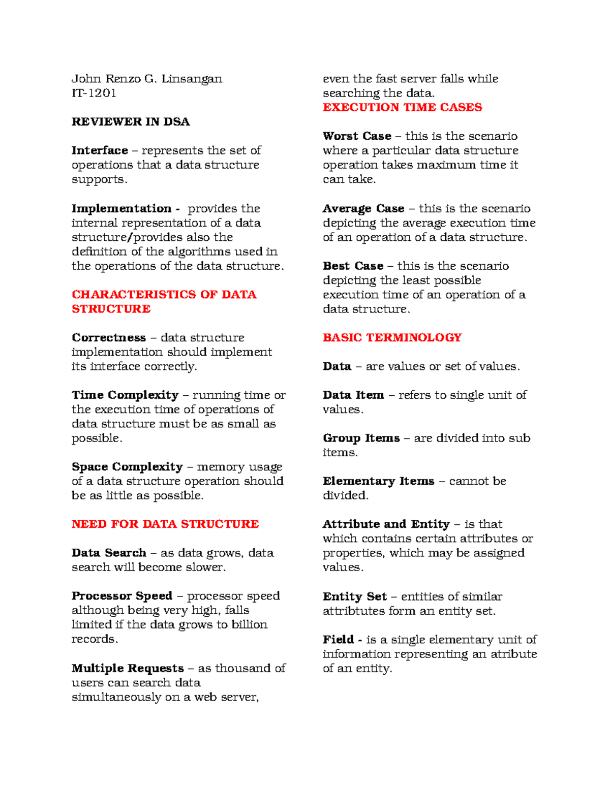IT-DSA: Comprehensive Reviewer on Data Structures and Algorithms - Studocu