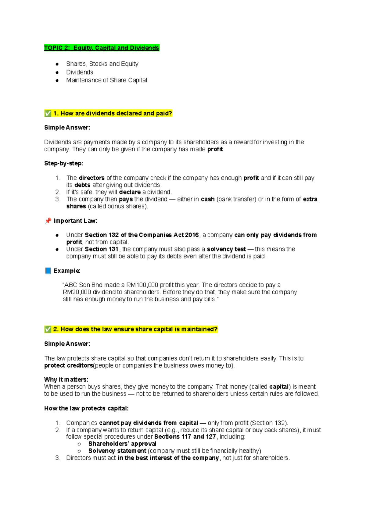 Company LAW II: Equity, Dividends, and Shareholder Rights Overview ...