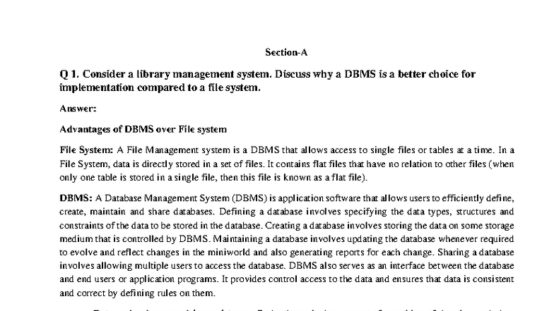 DBMS End Term Solution ODD Sem 24-25: Advantages of DBMS Over File ...