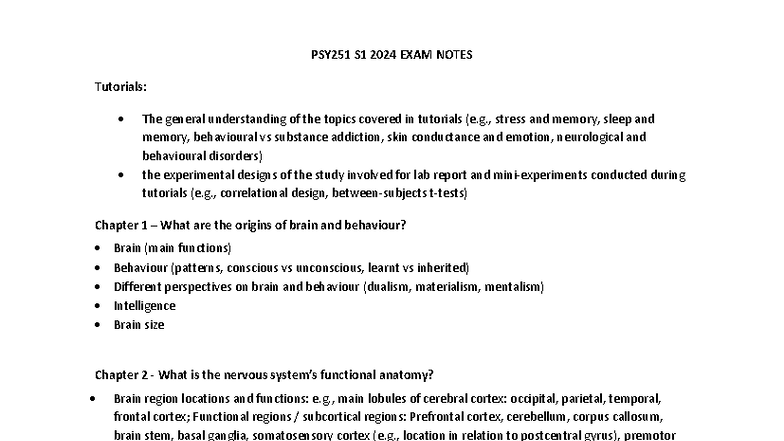 PSY251 S1 2024 Exam Notes: Key Topics in Brain and Behaviour - Studocu