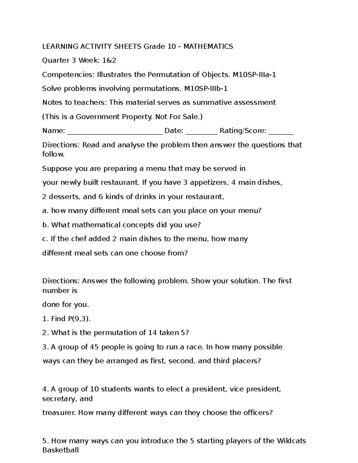 Grade 10 Math Learning Activity Sheets: Permutations & Meal Sets - Studocu