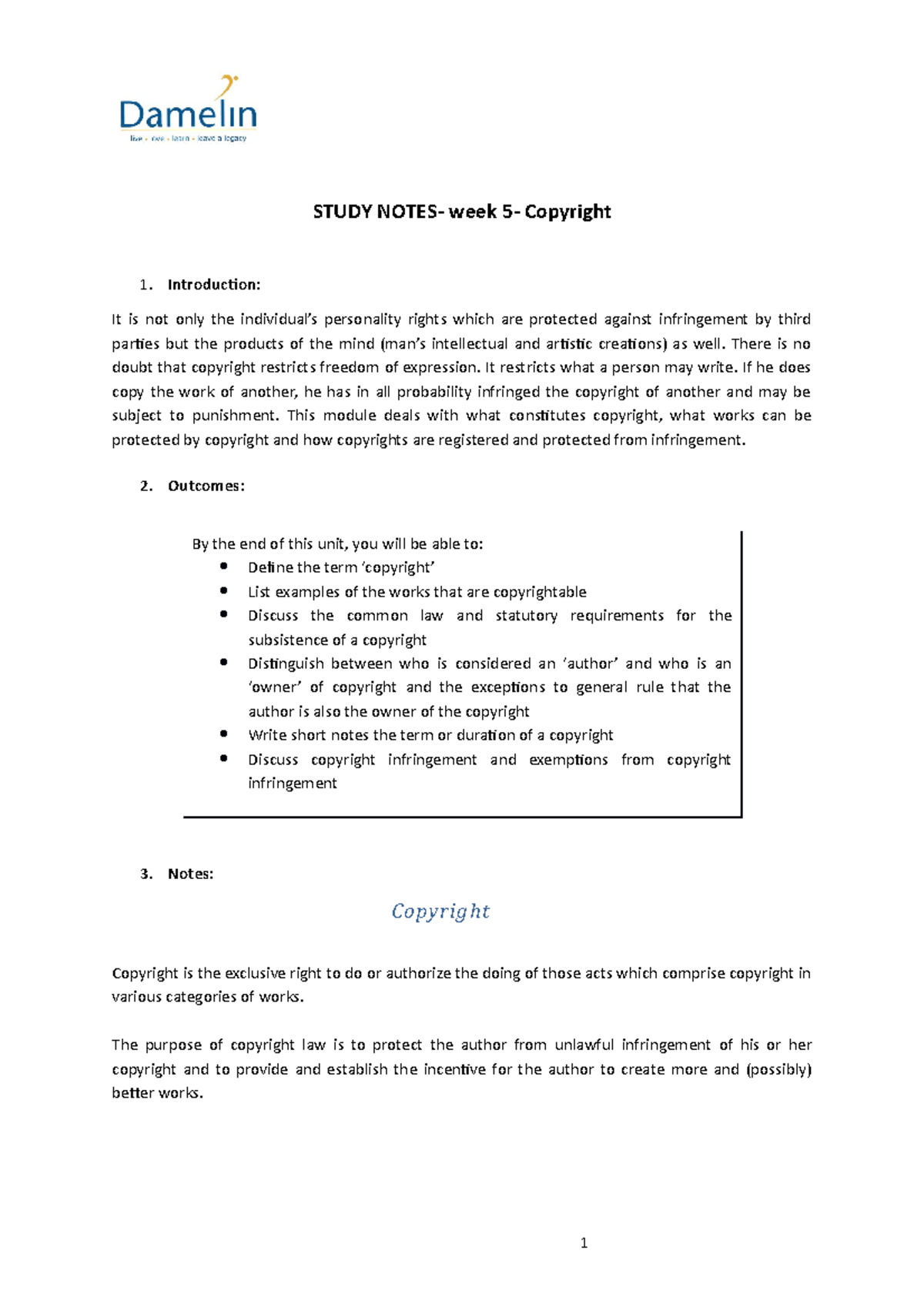 Unit 5 - Study Notes on Copyright Law and Infringement - Studocu
