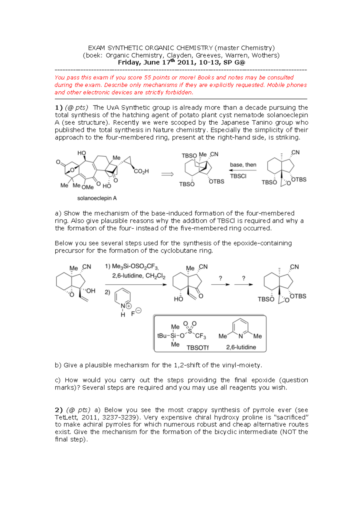 Hertentamen: Synthetic Organic Chemistry Exam SYO 170611 - Studeersnel