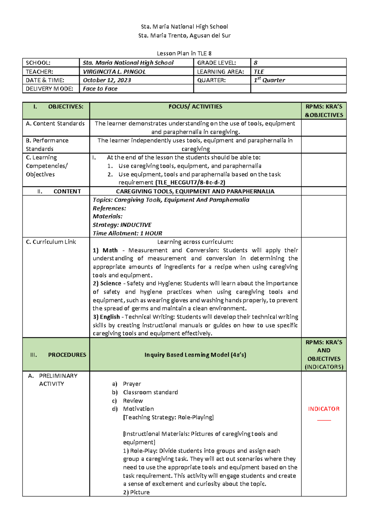 Caregiving - tle - Sta. Maria National High School Sta. Maria Trento ...
