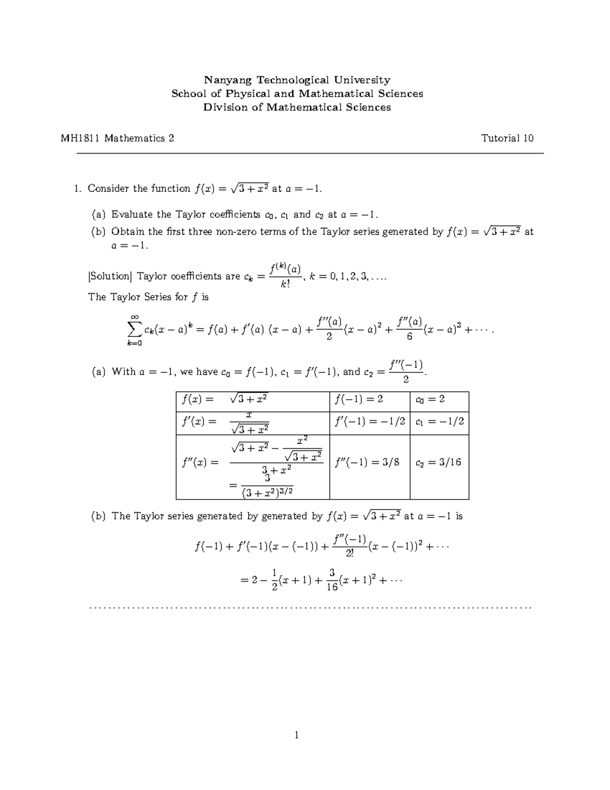 MH1811 Mathematics 2 Tutorial 10: Taylor Series Solutions - Studocu
