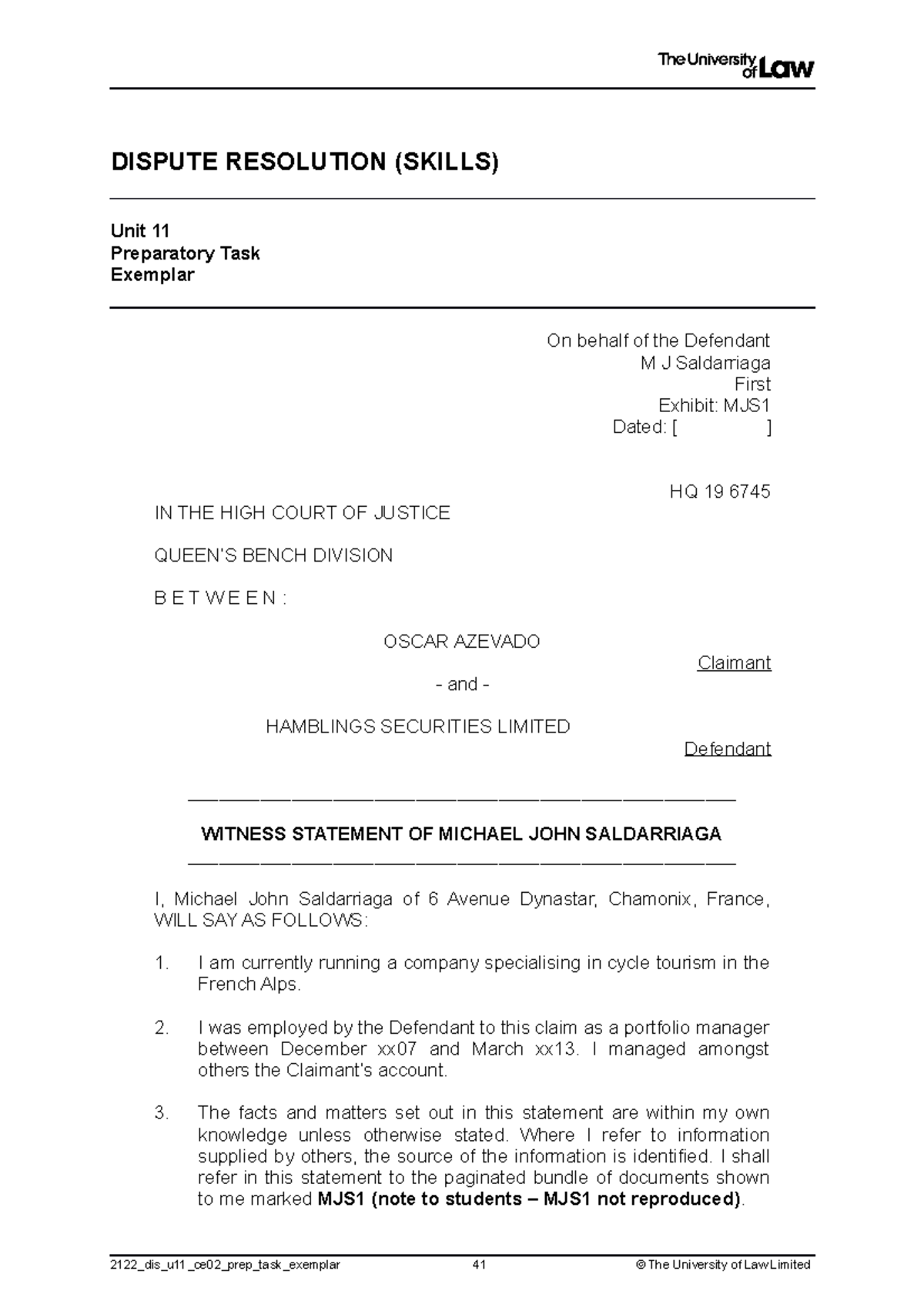 Witness statement exemplar version - DISPUTE RESOLUTION (SKILLS) Unit ...