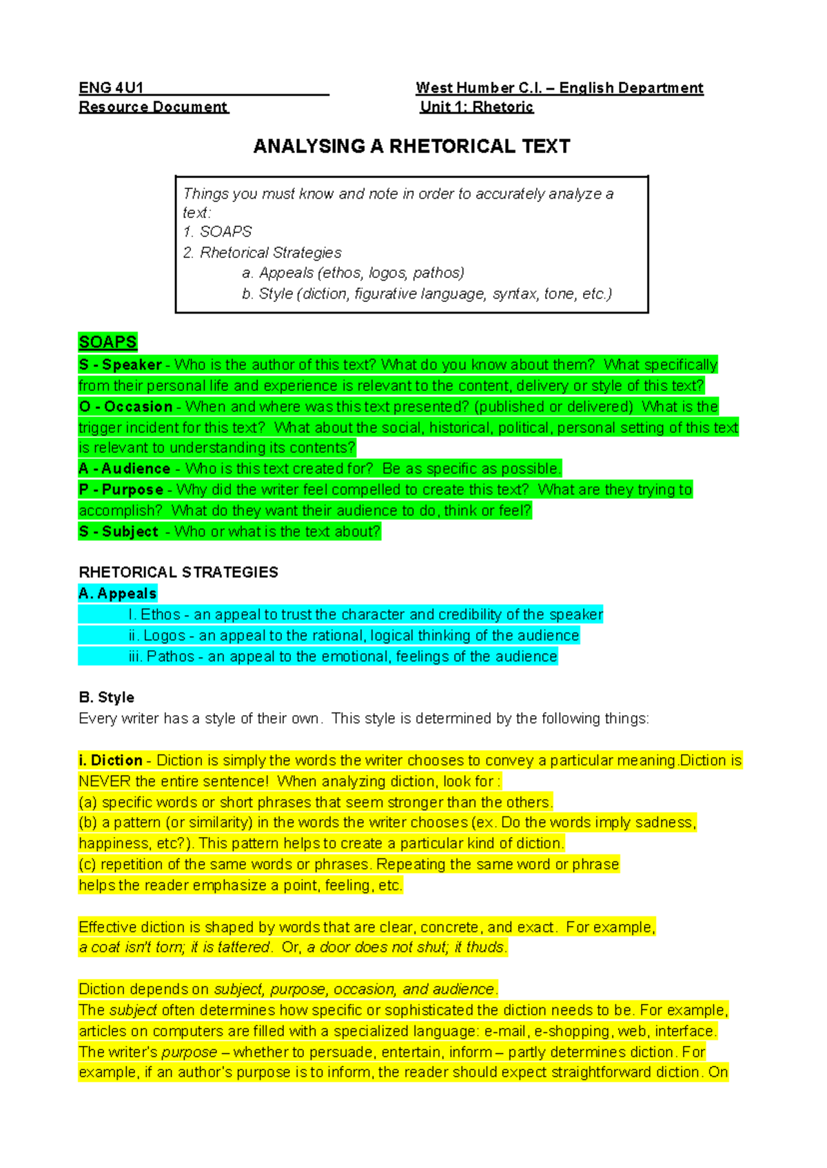 ENG 4U1 Rhetorical Analysis Guide: SOAPS & Strategies Overview - Studocu