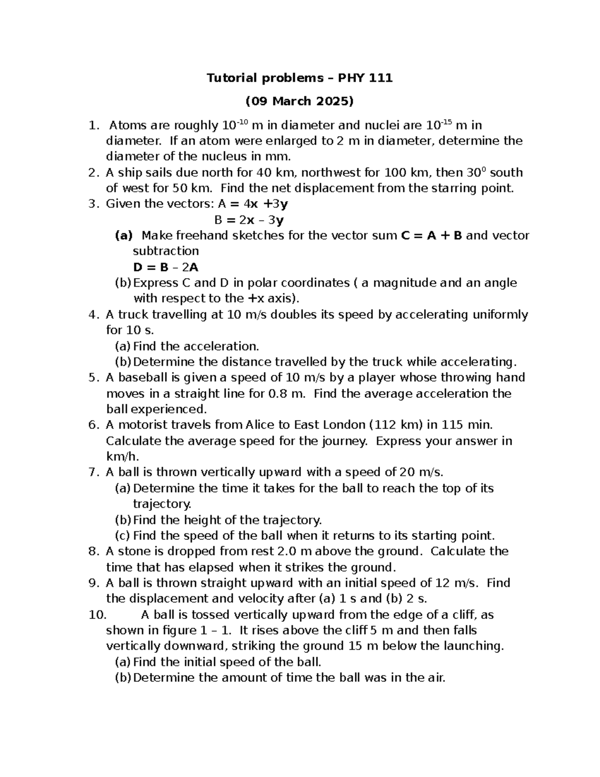 Tutorial Problems for PHY 101: Mechanics and Motion Concepts - Studocu