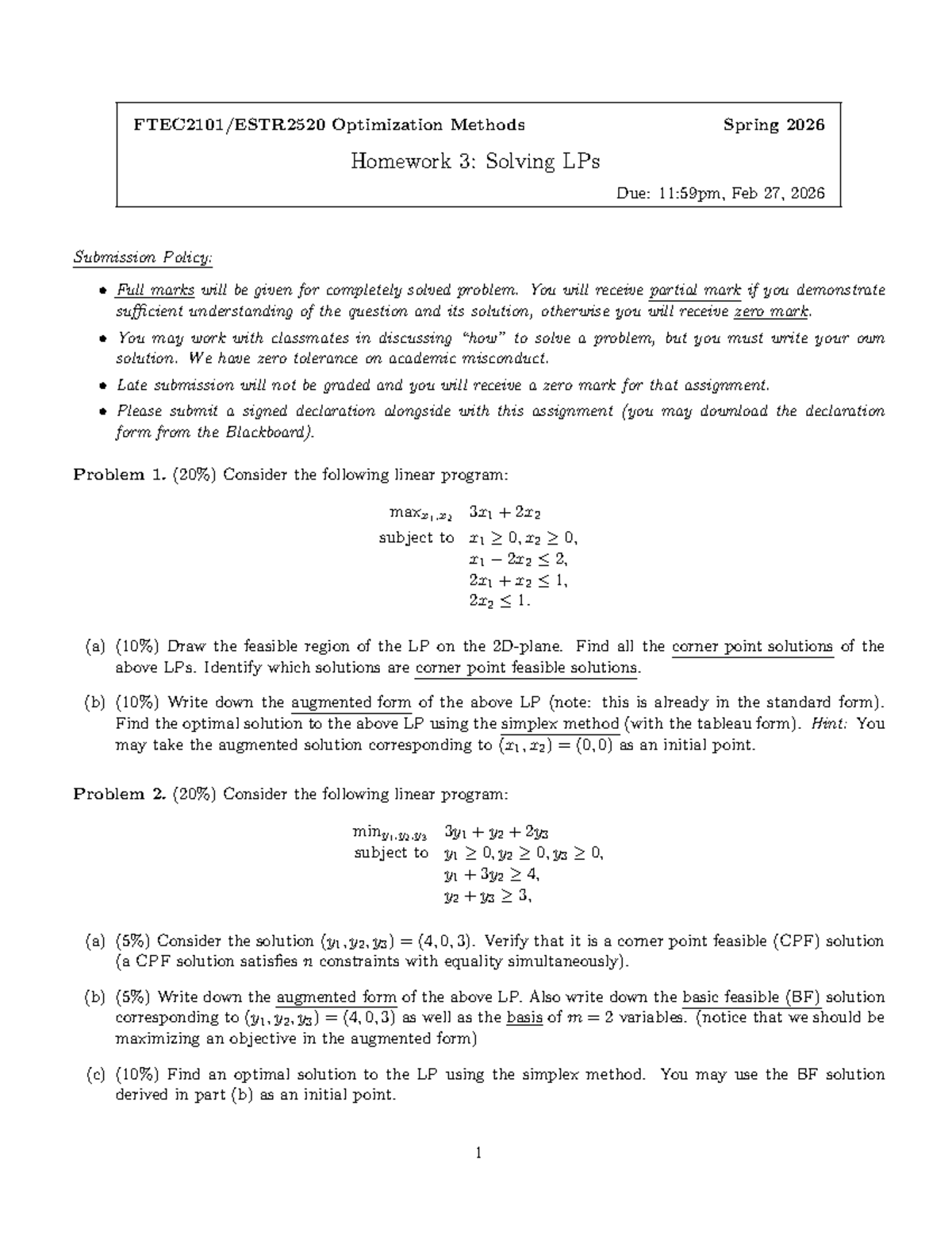 Optimization Methods (OPT 2026) Homework 3: Solving LPs - Studocu