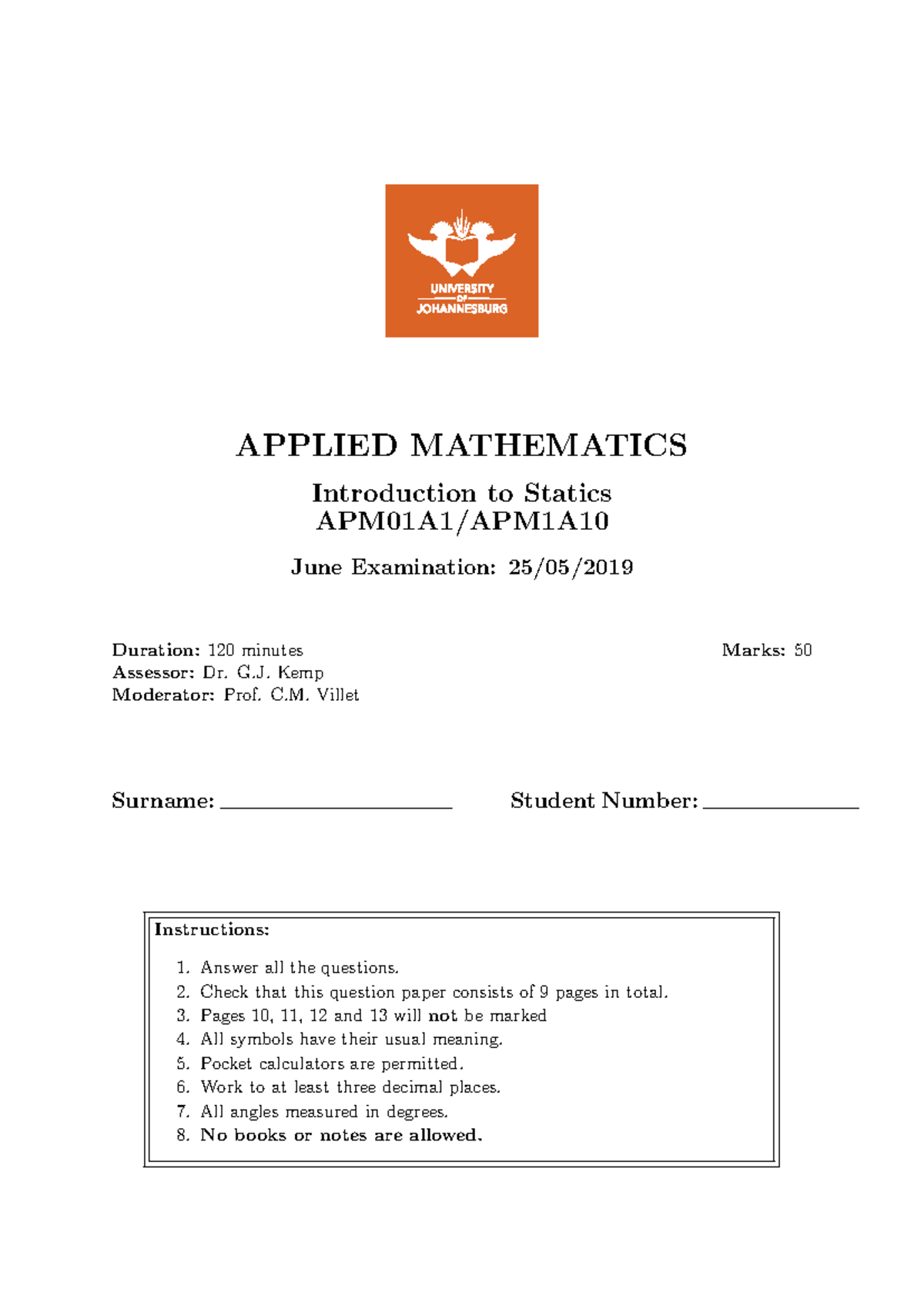 APM01A1 MAIN EXAM 2019 - Applied Mathematics Question Paper - Studocu