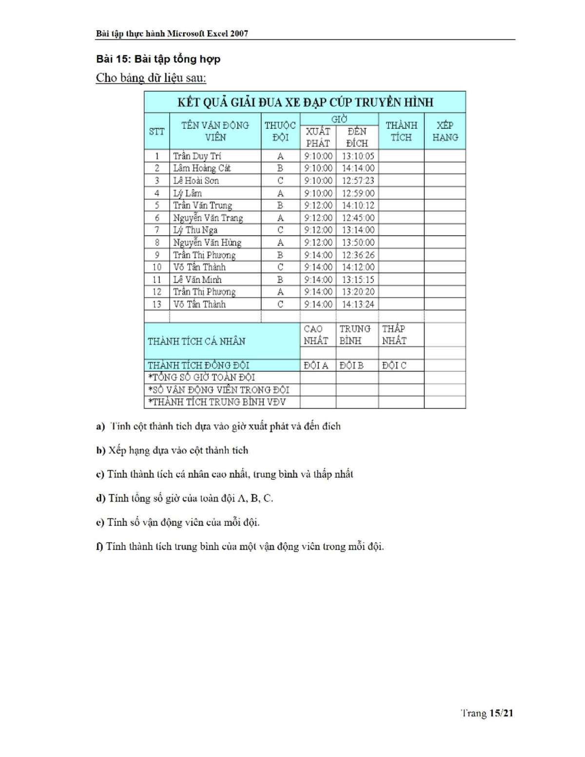 Bai tap Excel 4 on Tap - Tin - Bài tâp there hành Microsoft Excel 2007 ...
