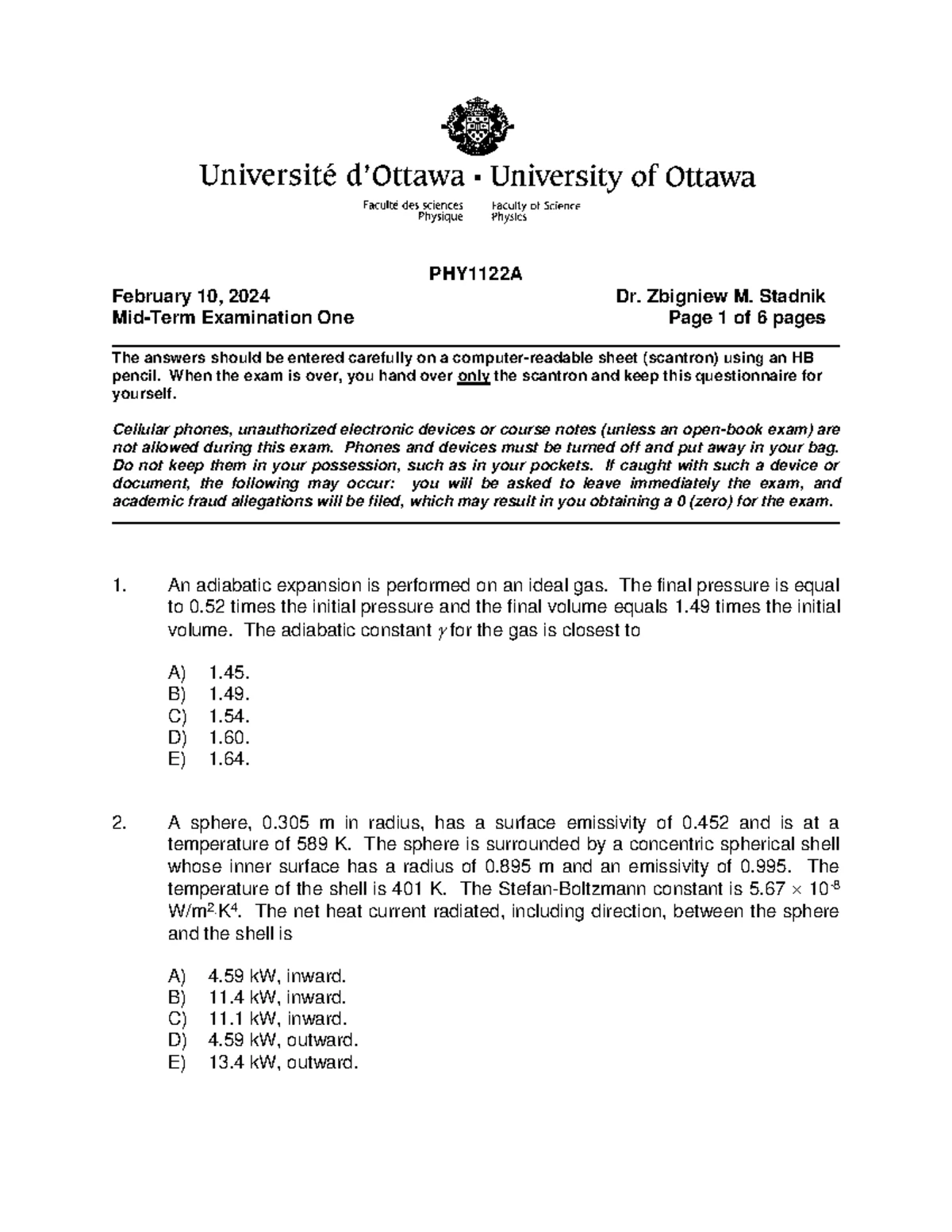 PHY2122 W2024 Stadnik Midterm 2 - Université University of Ottawa ...