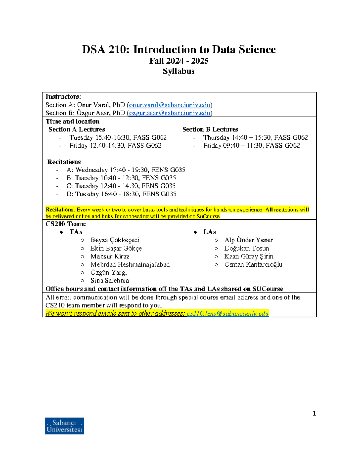 DSA210 Fall 2024 Syllabus: Introduction to Data Science Course Overview ...