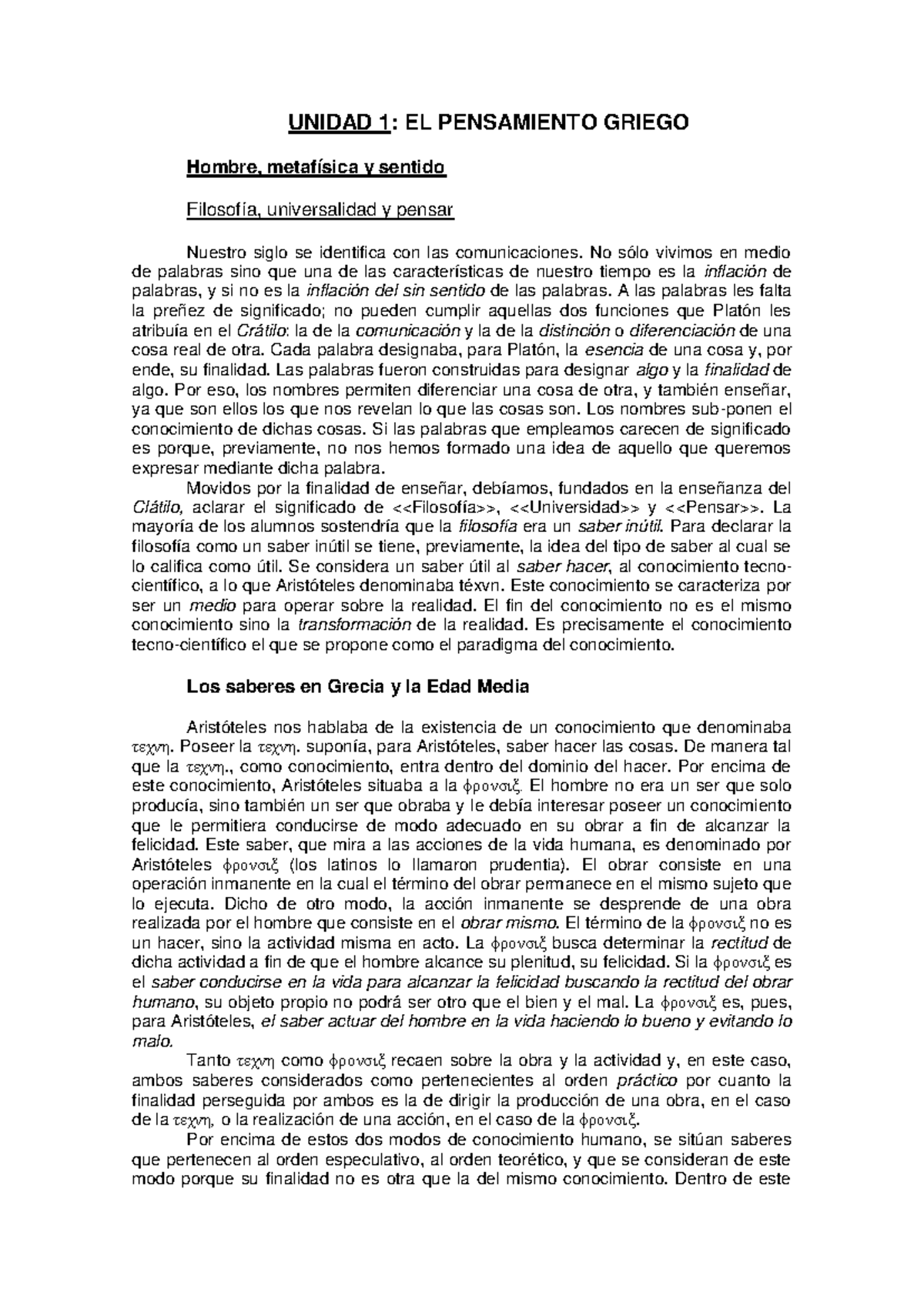 Resumen de la Unidad 1: El Pensamiento Griego - Filosofía y Metafísica ...