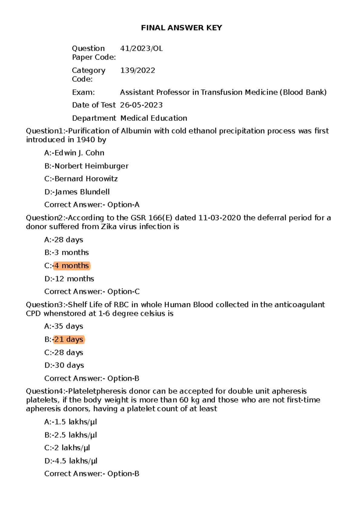 Final Answer Key: Assistant Professor Pathology Exam - Studocu