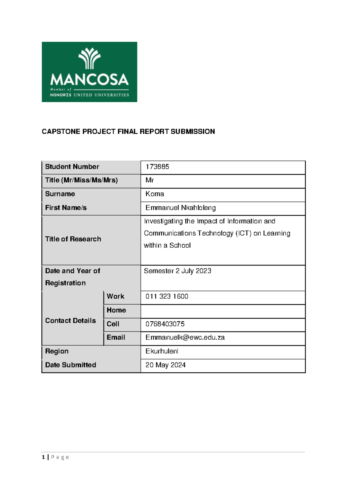 ICT Impact on Learning: Capstone Project Final Report Submission - Studocu