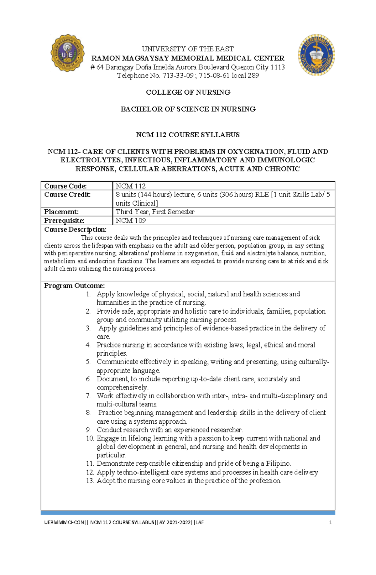 NCM 112 Course Syllabus: Care of Clients with Oxygenation & Fluid ...