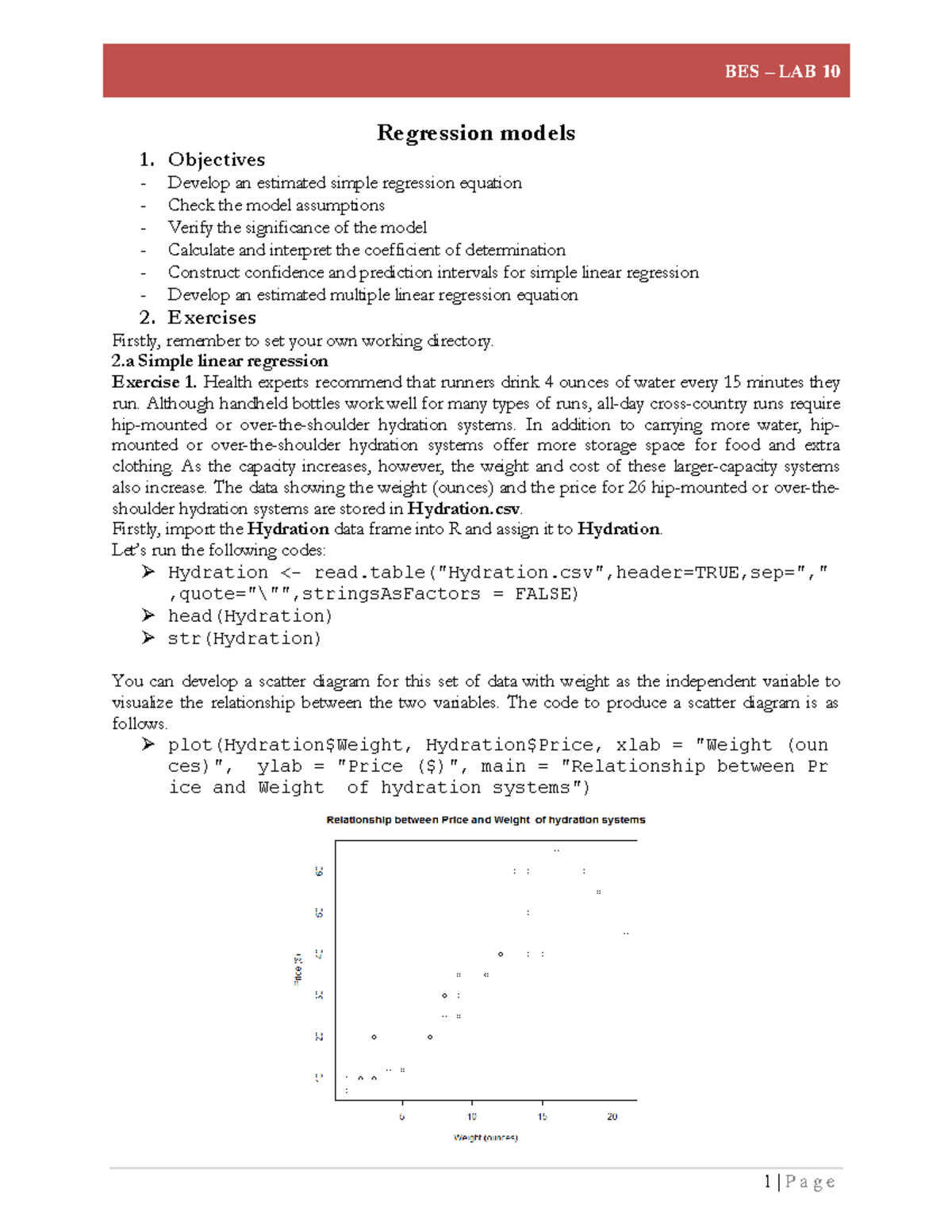 BES - R Lab 10 - Regression models 1. Objectives - Develop an estimated ...