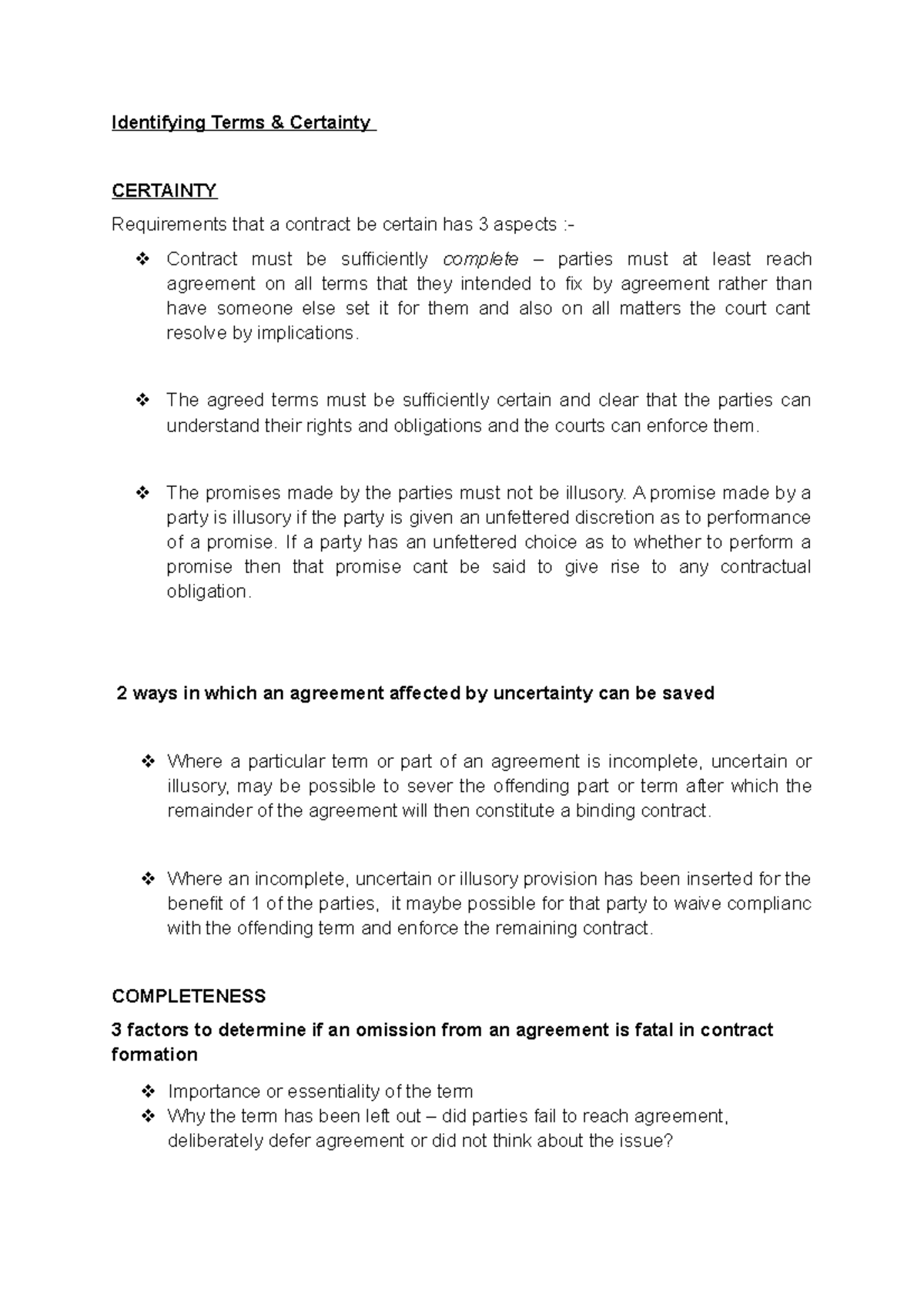 Week 4: Understanding Certainty & Terms in Contract Law - Studocu