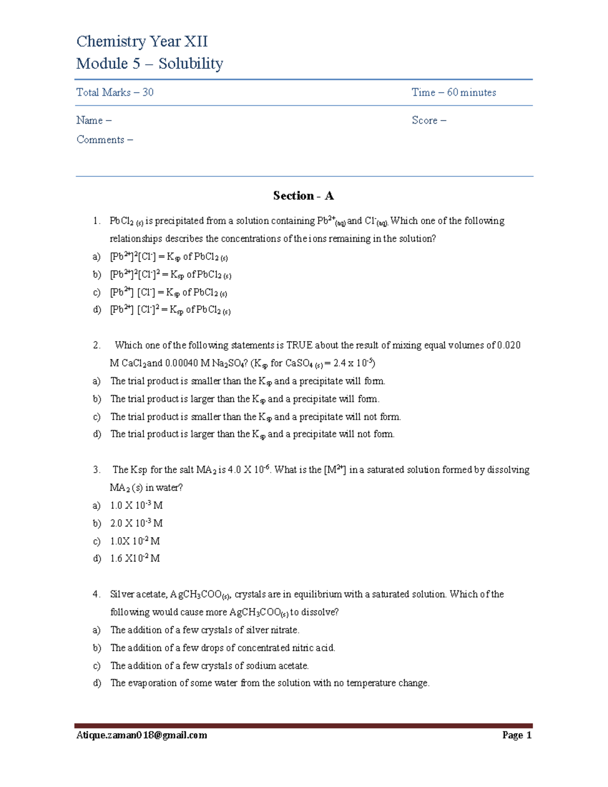 Chemistry Year XII Mod 5 Solubility Worksheet & Solutions - Studocu