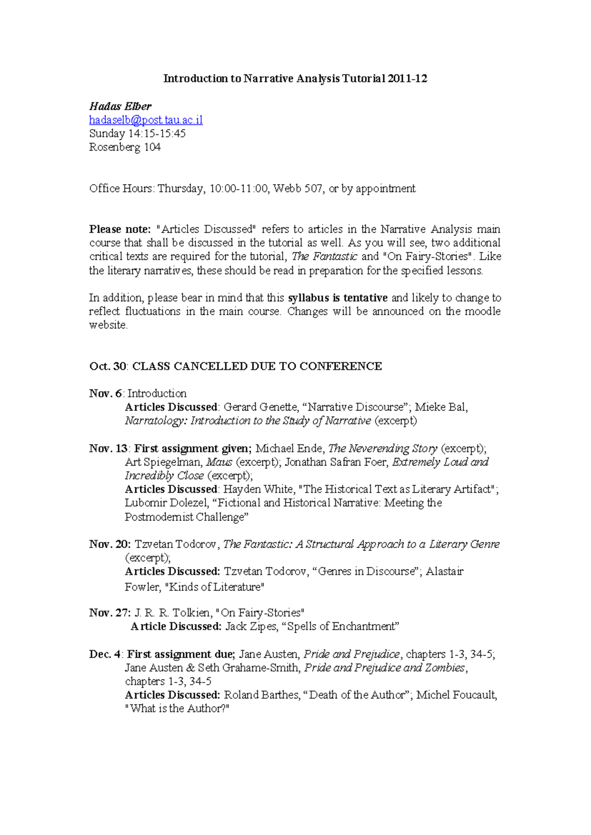 Narrative Analysis Tutorial Syllabus (2011) - Key Discussions ...