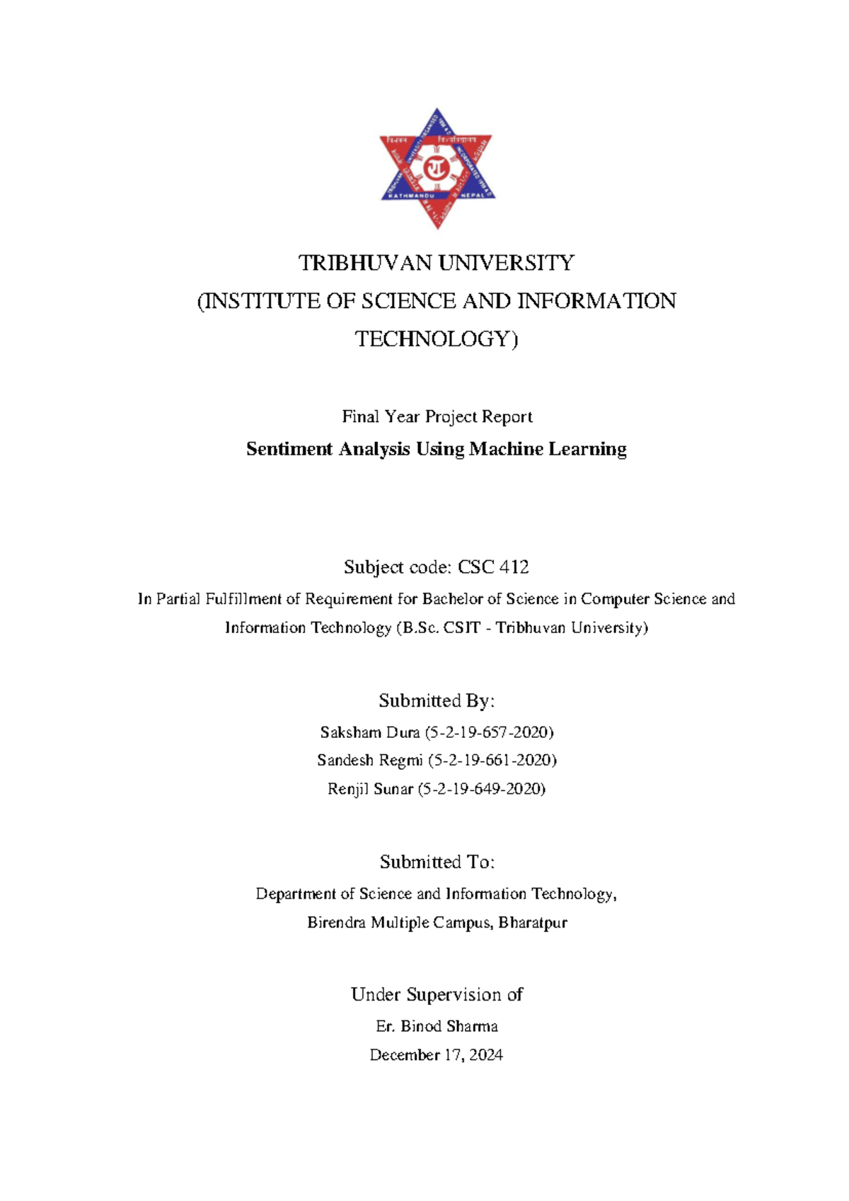Final Project Report - TRIBHUVAN UNIVERSITY (INSTITUTE OF SCIENCE AND ...