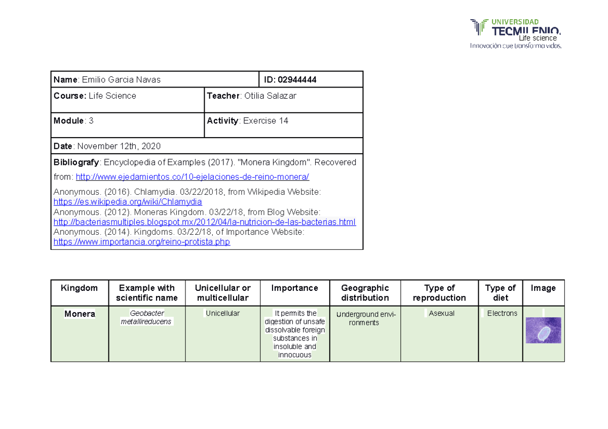 Exercise 14: Classification of Monera and Protista in Life Science - Studocu