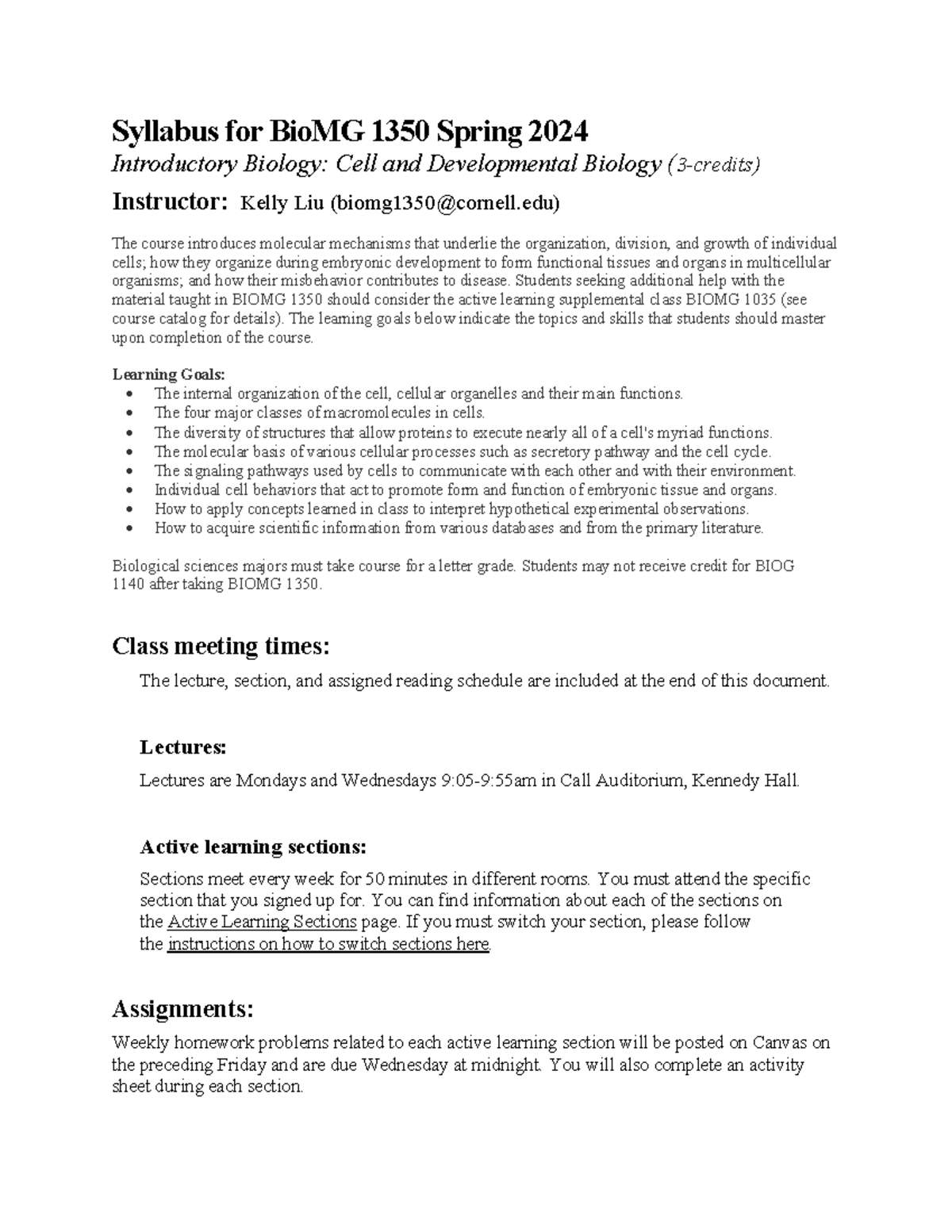 Syllabus for BioMG 1350 Spring 2024: Introductory Biology Overview ...