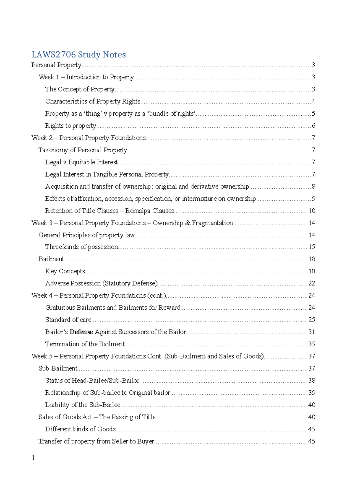 LAWS2706 Final Study Notes on Personal Property Concepts and Principles ...