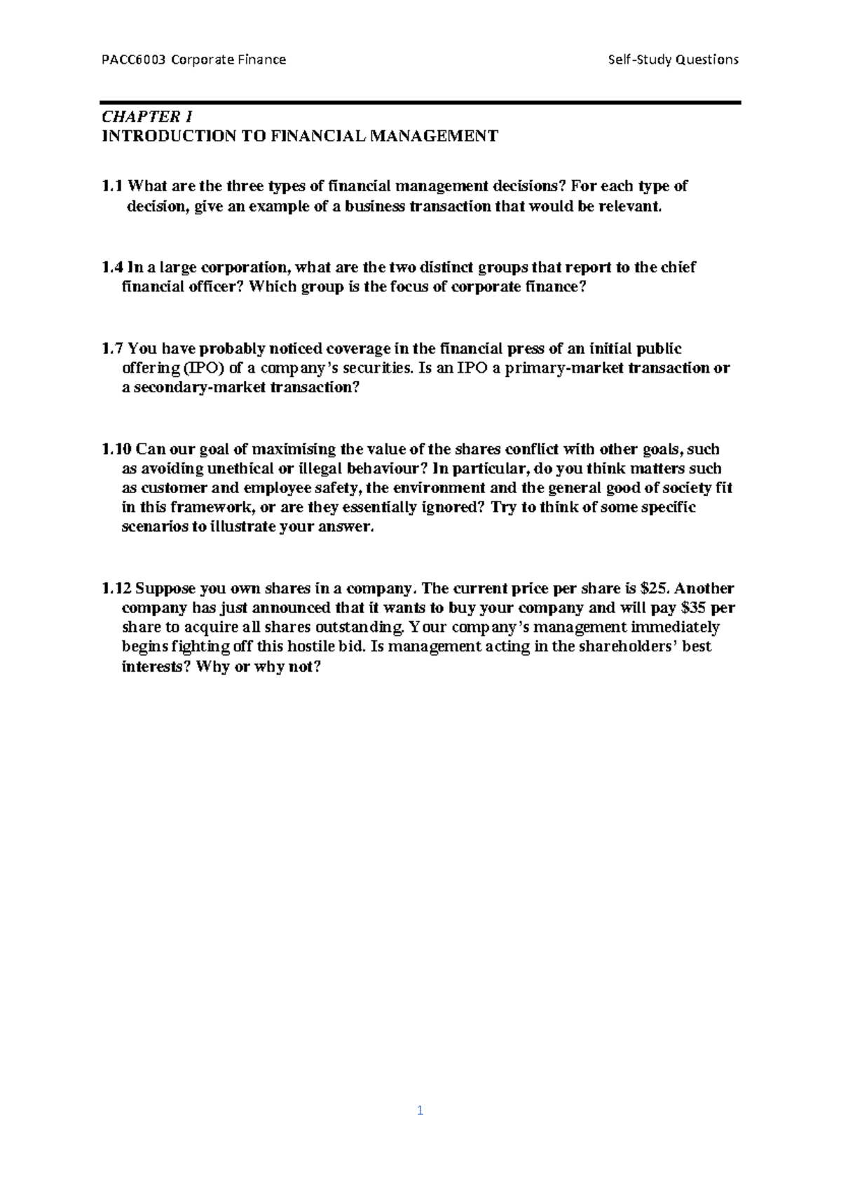 PACC6003 Corporate Finance Week 1 Self Study Questions - Studocu