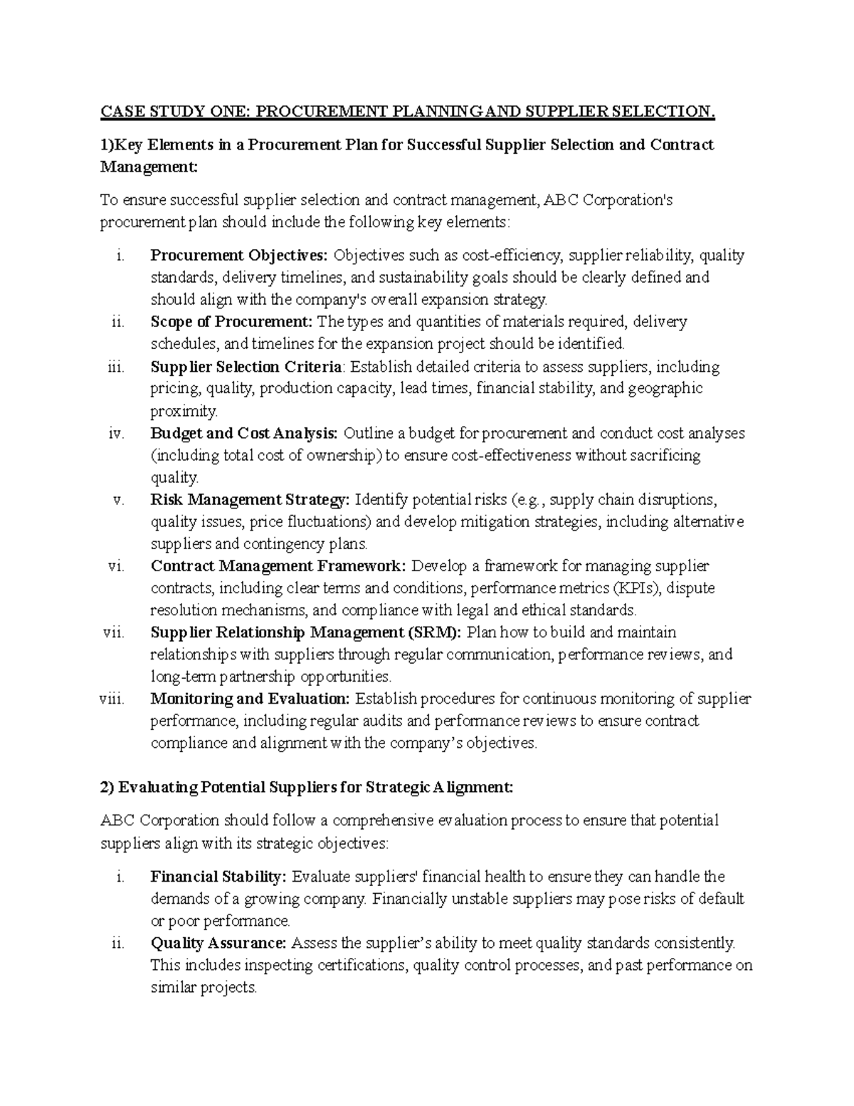 Principles of Procurement Assignment 1 - CASE STUDY ONE: PROCUREMENT ...