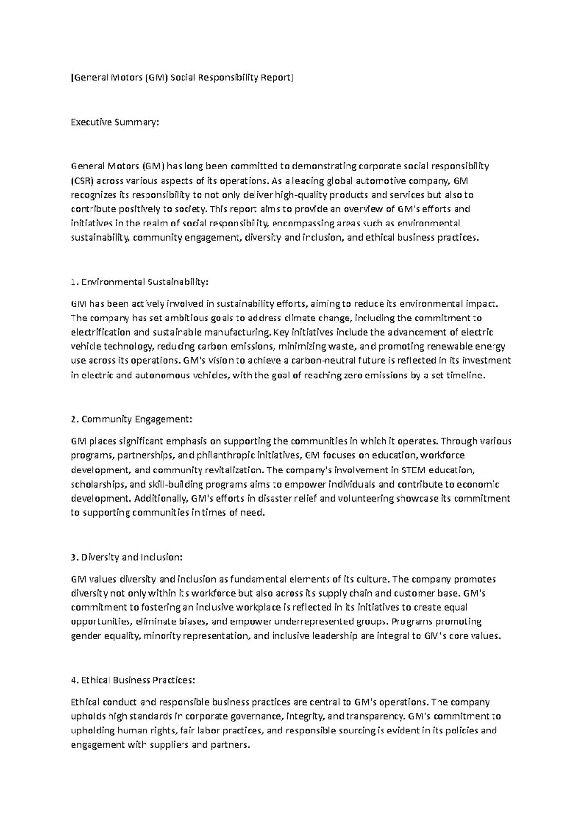 GM Corporate Social Responsibility (CSR) Initiatives Overview - Studocu