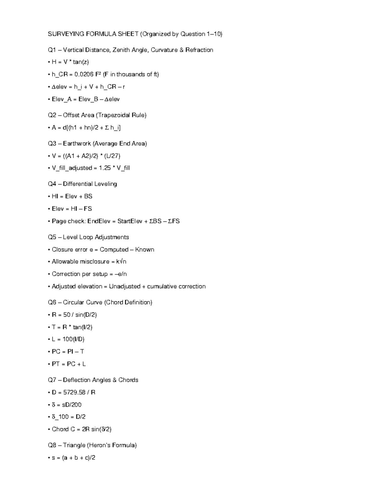 SURVEYING FORMULA SHEET: Key Concepts & Calculations - Studocu