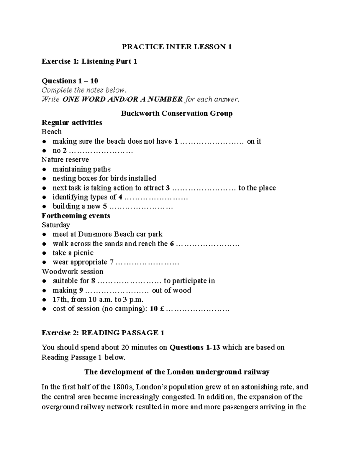 Practice Inter Lesson 1: Listening & Reading Exercises - Studocu