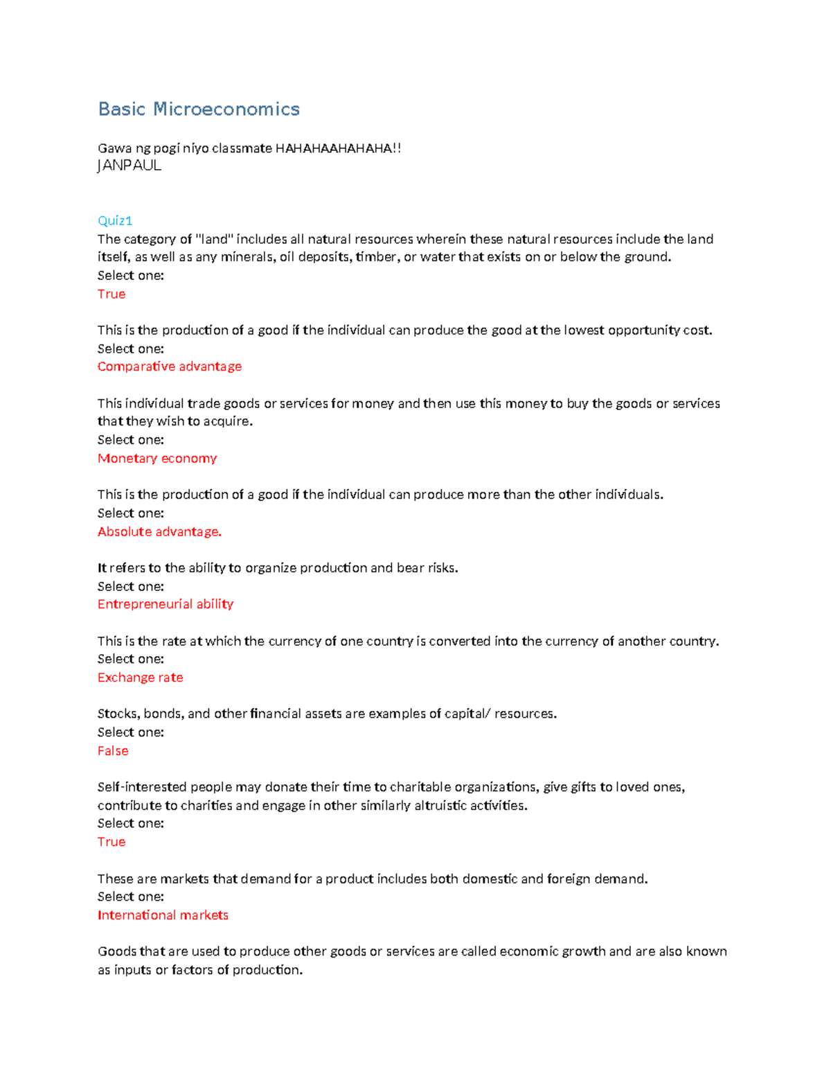 Basic Microeconomics (JANPAUL) Quiz 1 Study Notes - Studocu