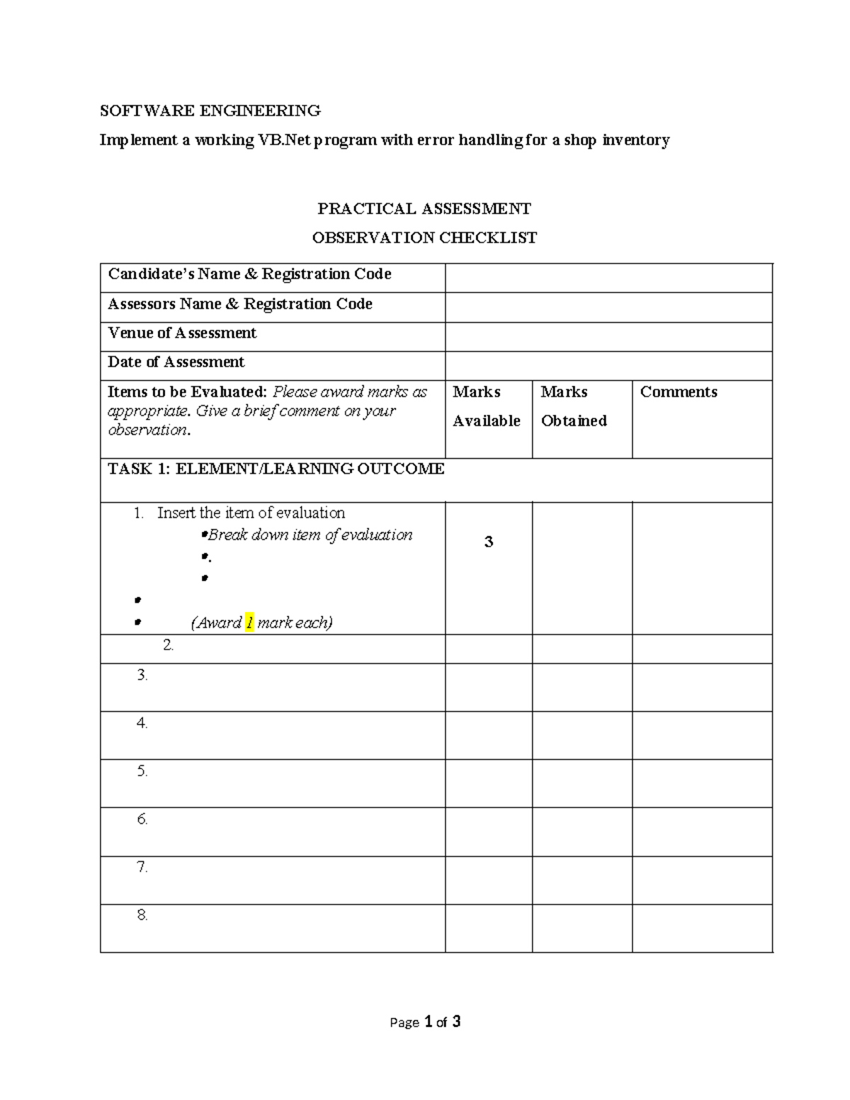 SOFTWARE ENGINEERING Level 6 Practical Assessment Checklist for VB.Net ...