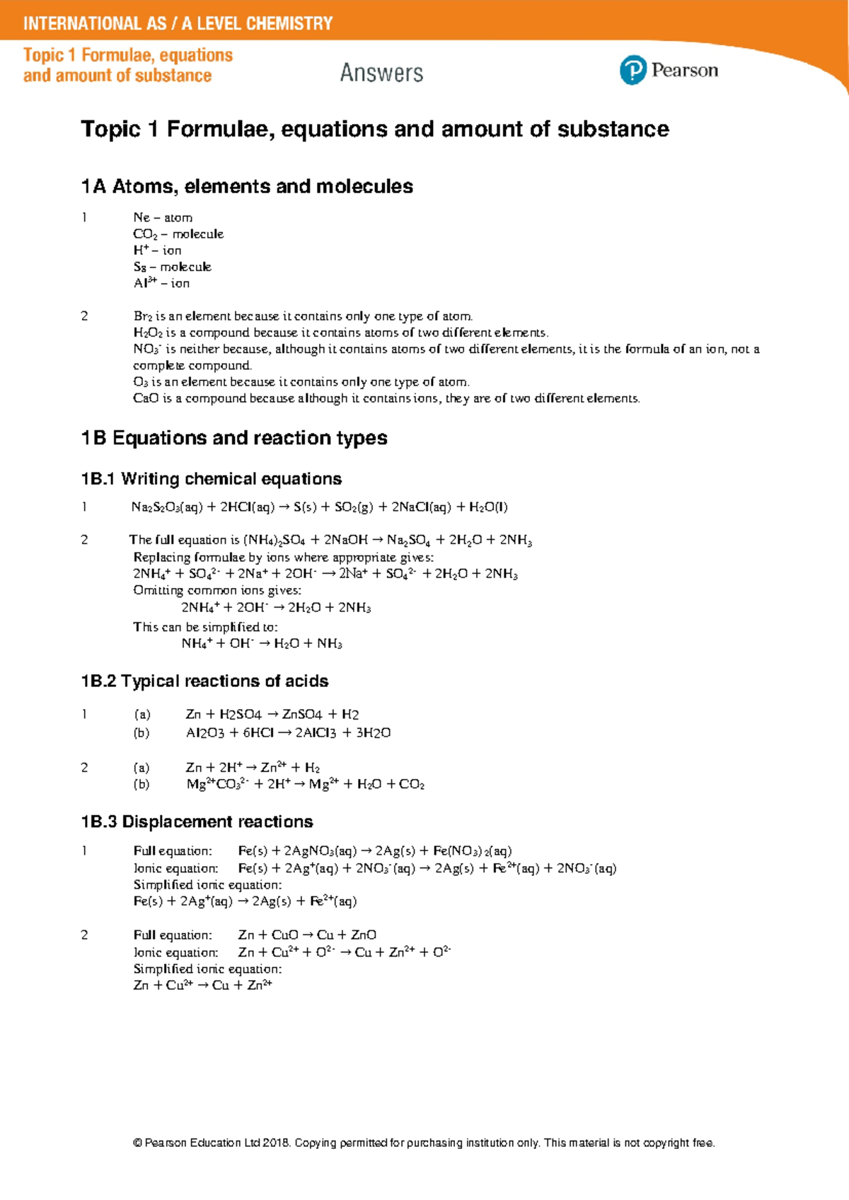 Topic 1 - IAL Chemistry Answers: Formulae, Equations & Calculations ...