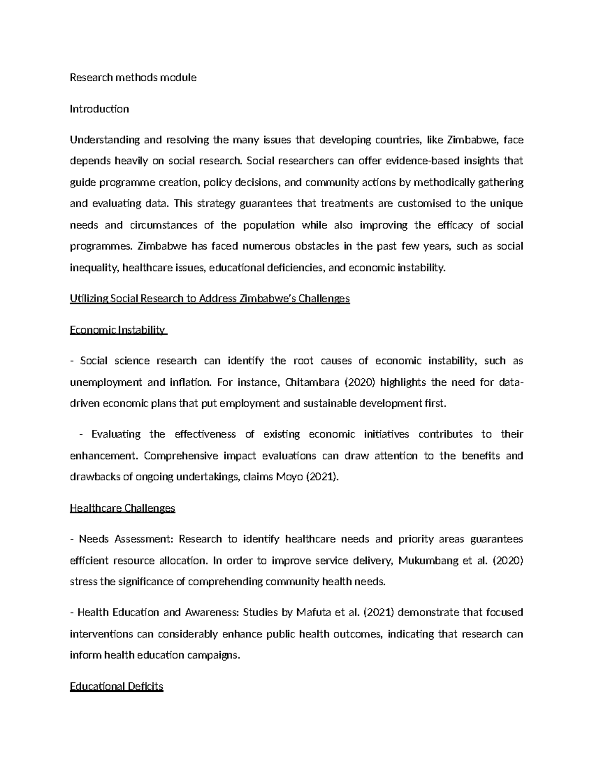 Research Methods Module: Addressing Zimbabwe's Social Challenges - Studocu