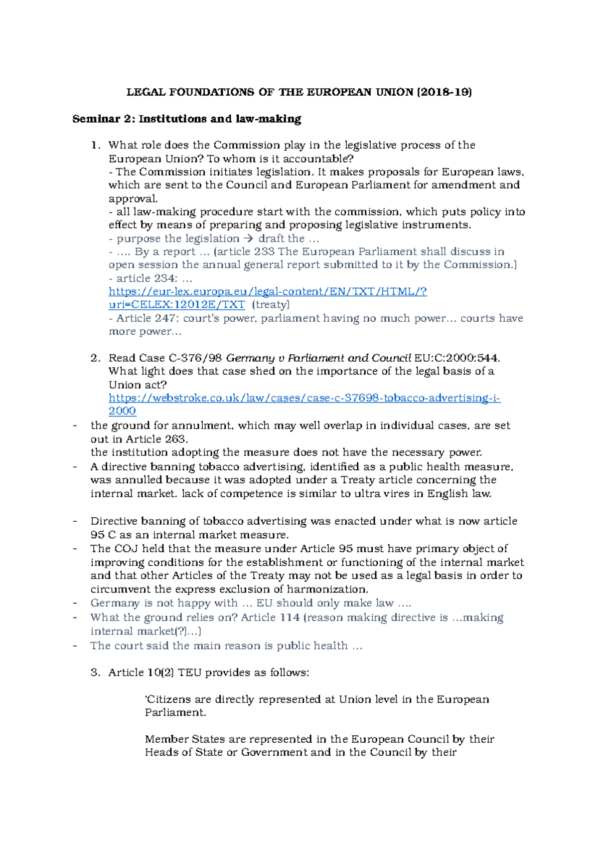 EU seminar 2 - Institutions and law-making - LEGAL FOUNDATIONS OF THE ...