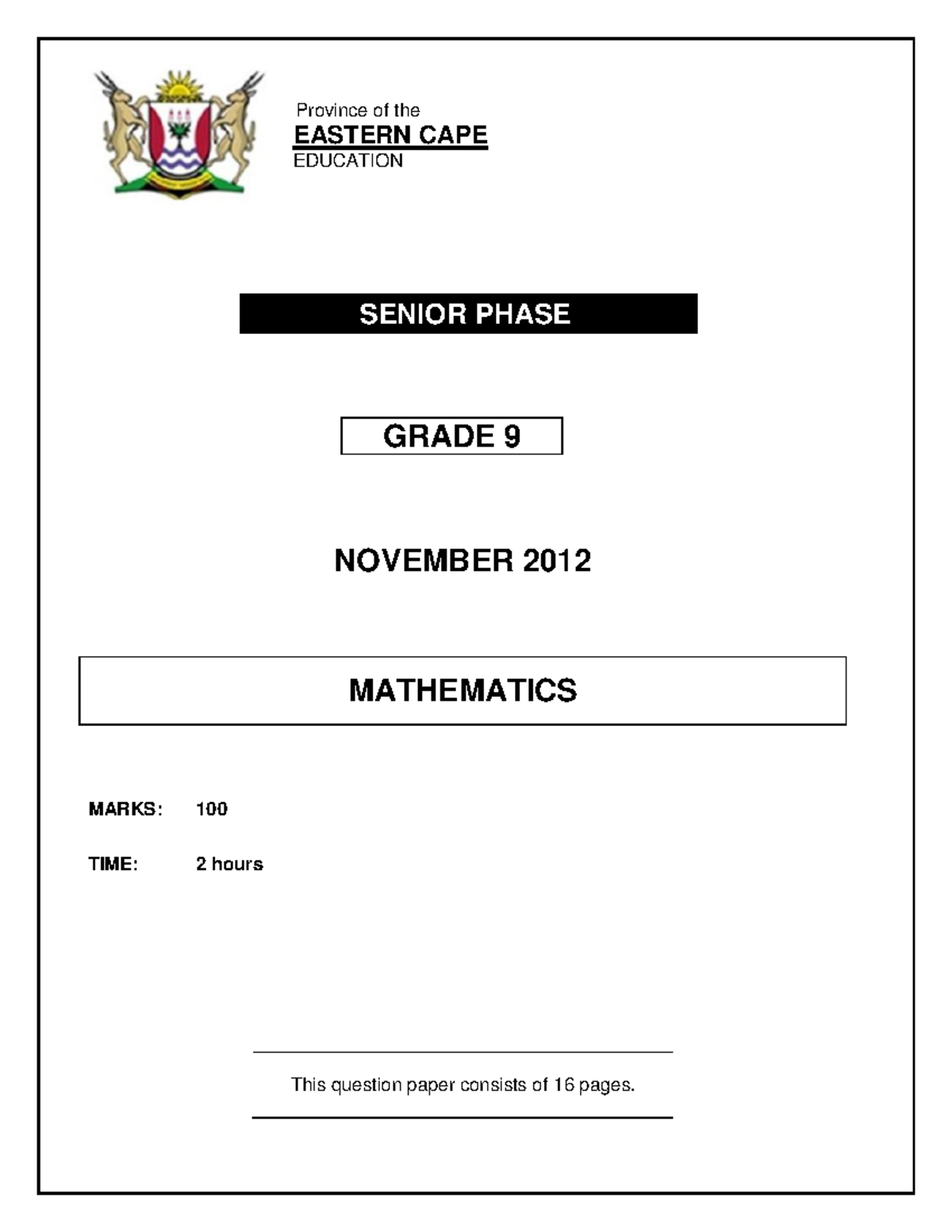 Mathematics Grade 9 November 2012 Question Paper (QP) - Studocu
