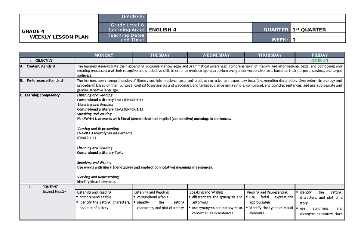 Q1-WLP-ENG4-WK1 - Grade 4 Weekly Lesson Plan for MATATAG Curriculum ...