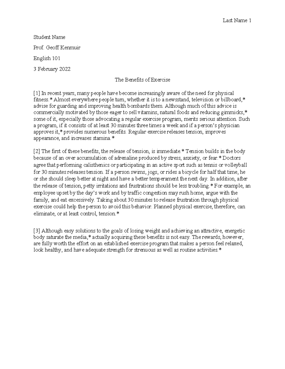 Sample Three Paragraph Essay-1 - Last Name 1 Student Name Prof. Geoff ...