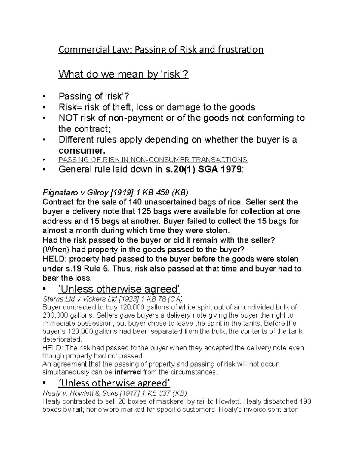 Commercial Law: Passing of Risk & Frustration Analysis (LAW 101) - Studocu