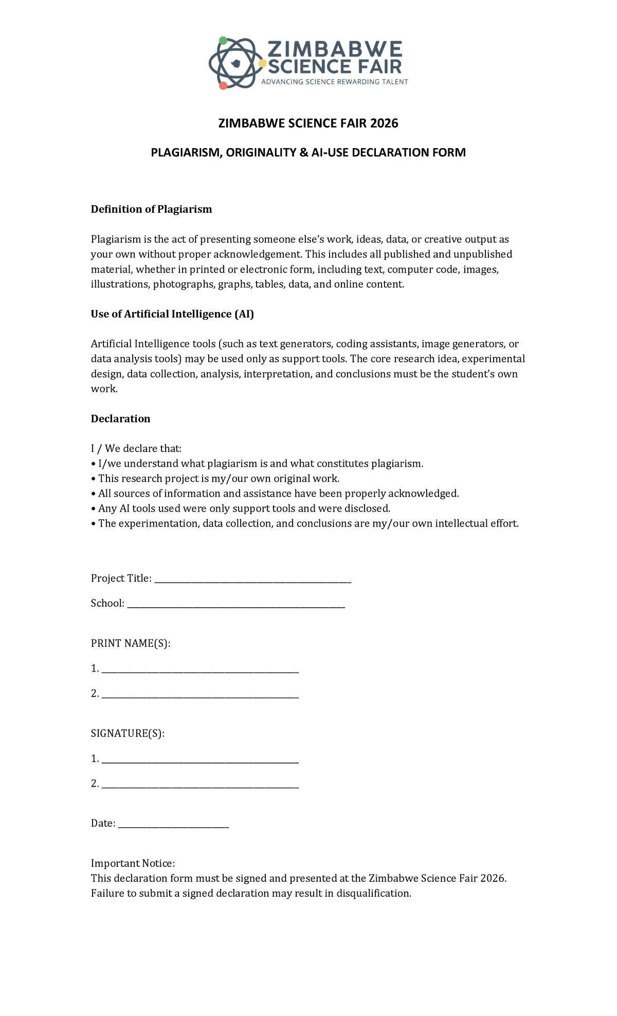 ZSF 2026 Plagiarism & AI Use Declaration Form - Studocu