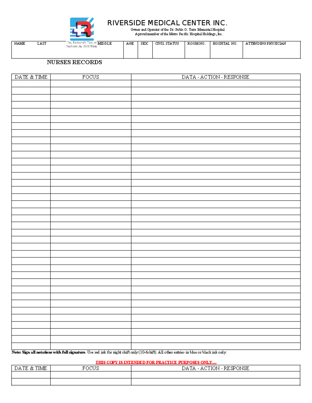 FDAR Format for Nursing Records at Riverside Medical Center - Studocu