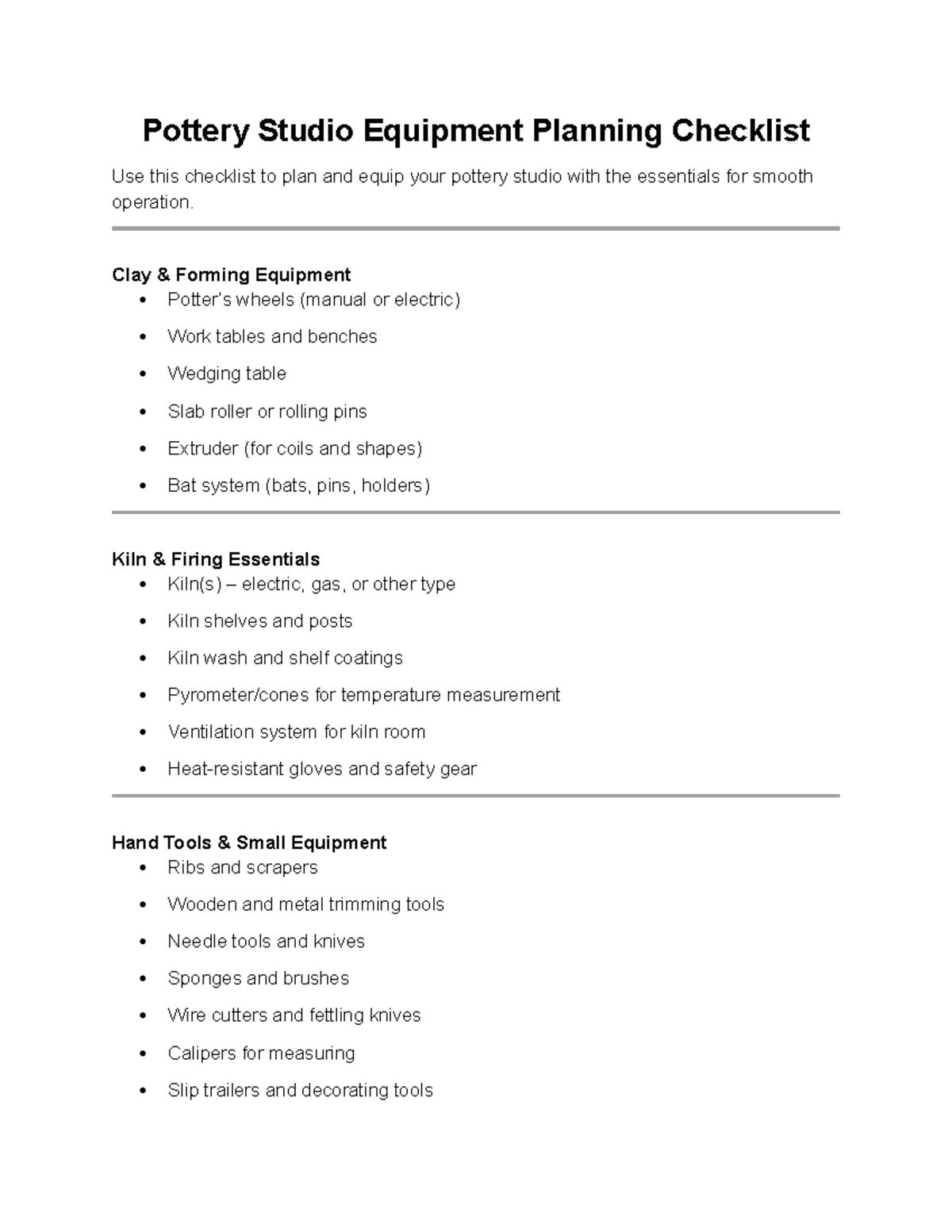 Pottery Studio Equipment Checklist for Smooth Operation - Studocu